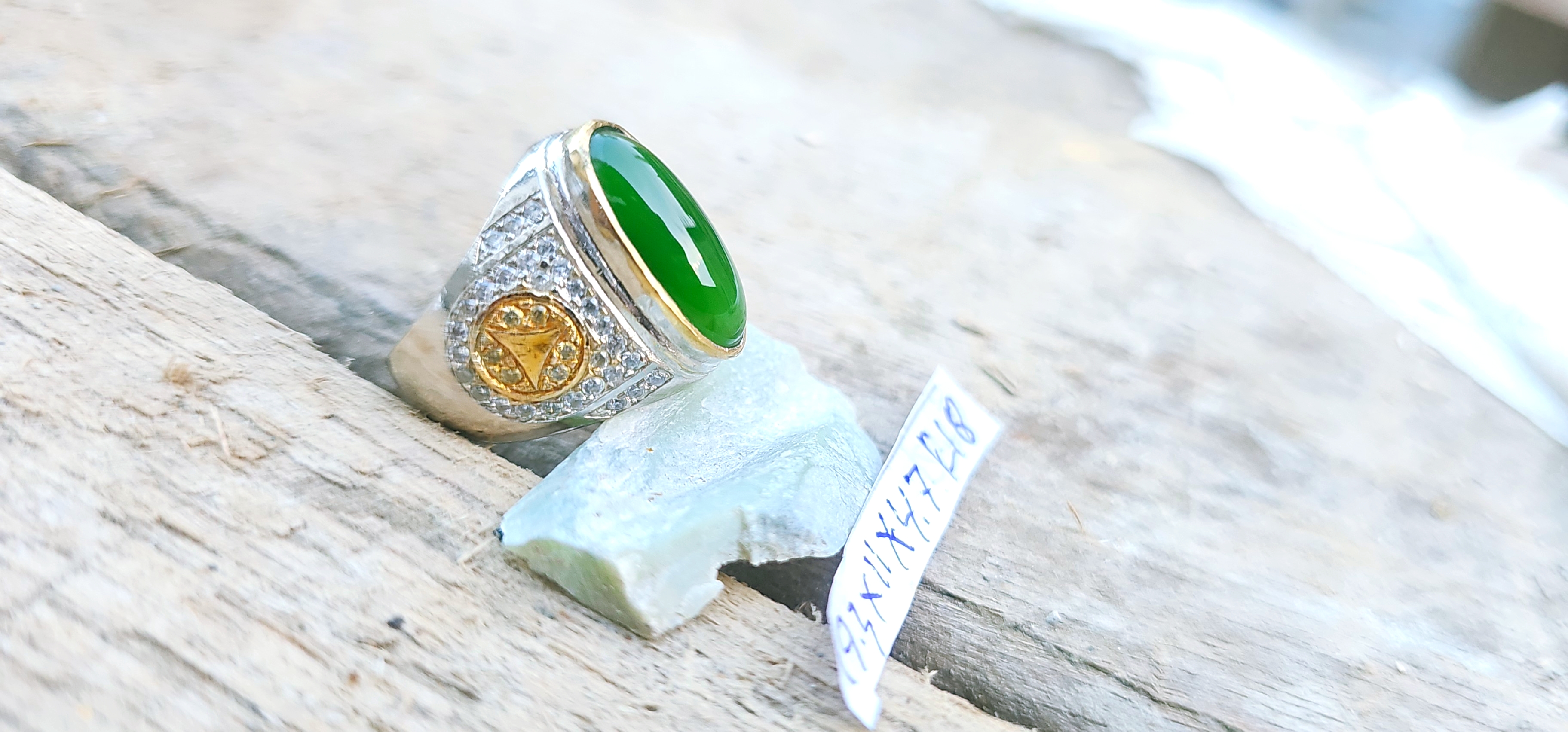 Aceh Natural Vivid Green Nephrite Jade Oval Cabochon Ring with Detailed Accent Settings