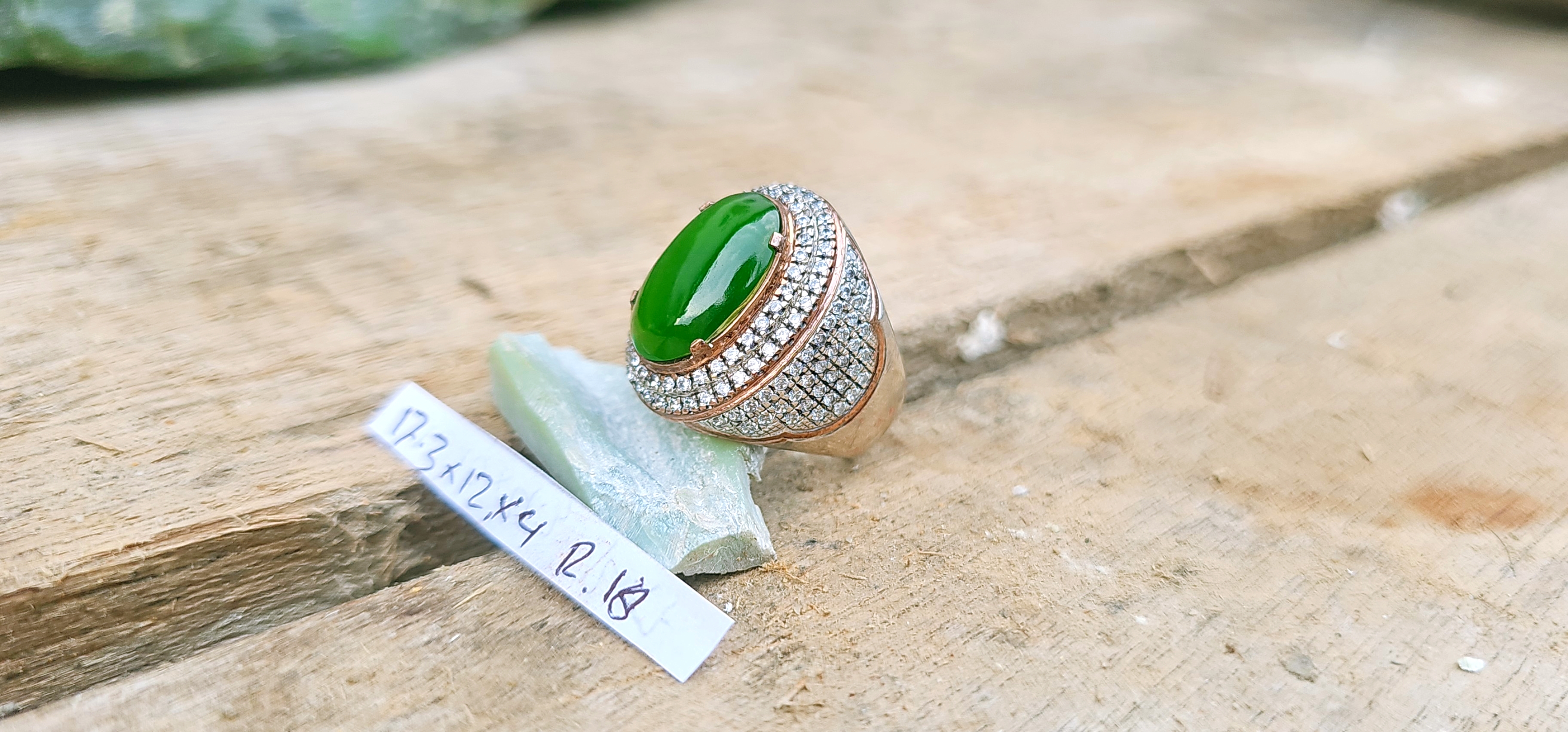 Aceh Natural Deep Forest Green Nephrite Jade Oval Cabochon Ring with Pavé Halo Setting