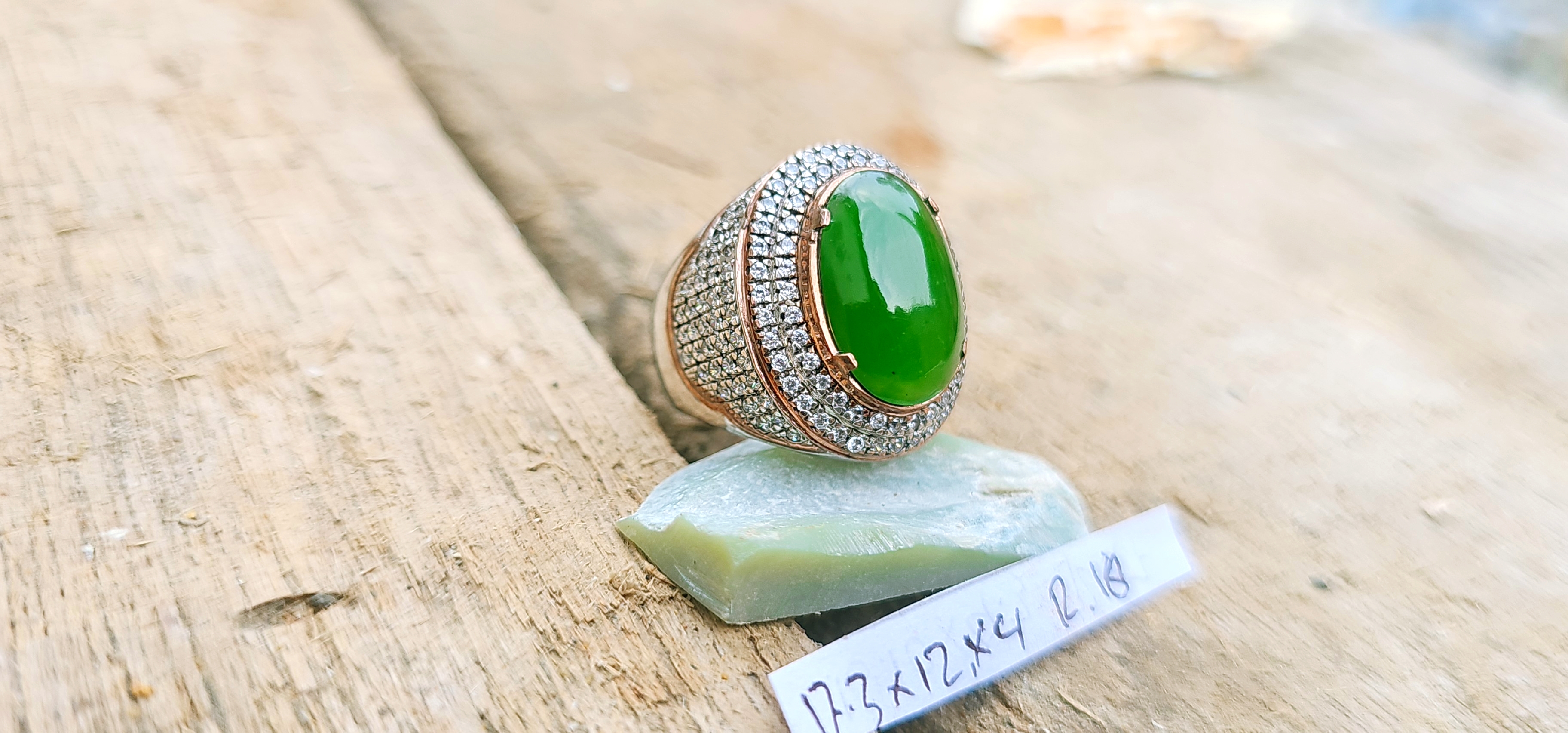 Aceh Natural Deep Forest Green Nephrite Jade Oval Cabochon Ring with Pavé Halo Setting