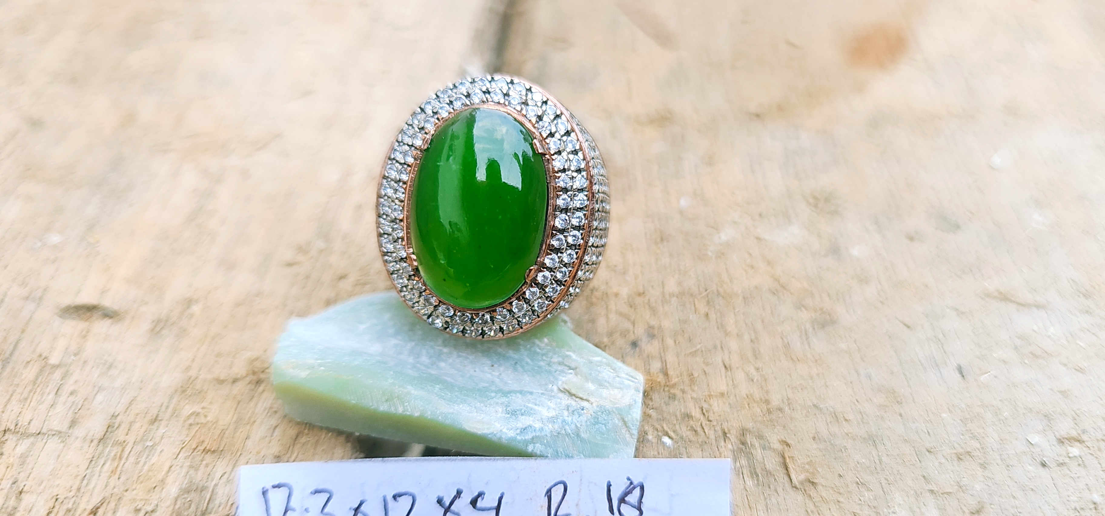 Aceh Natural Deep Forest Green Nephrite Jade Oval Cabochon Ring with Pavé Halo Setting