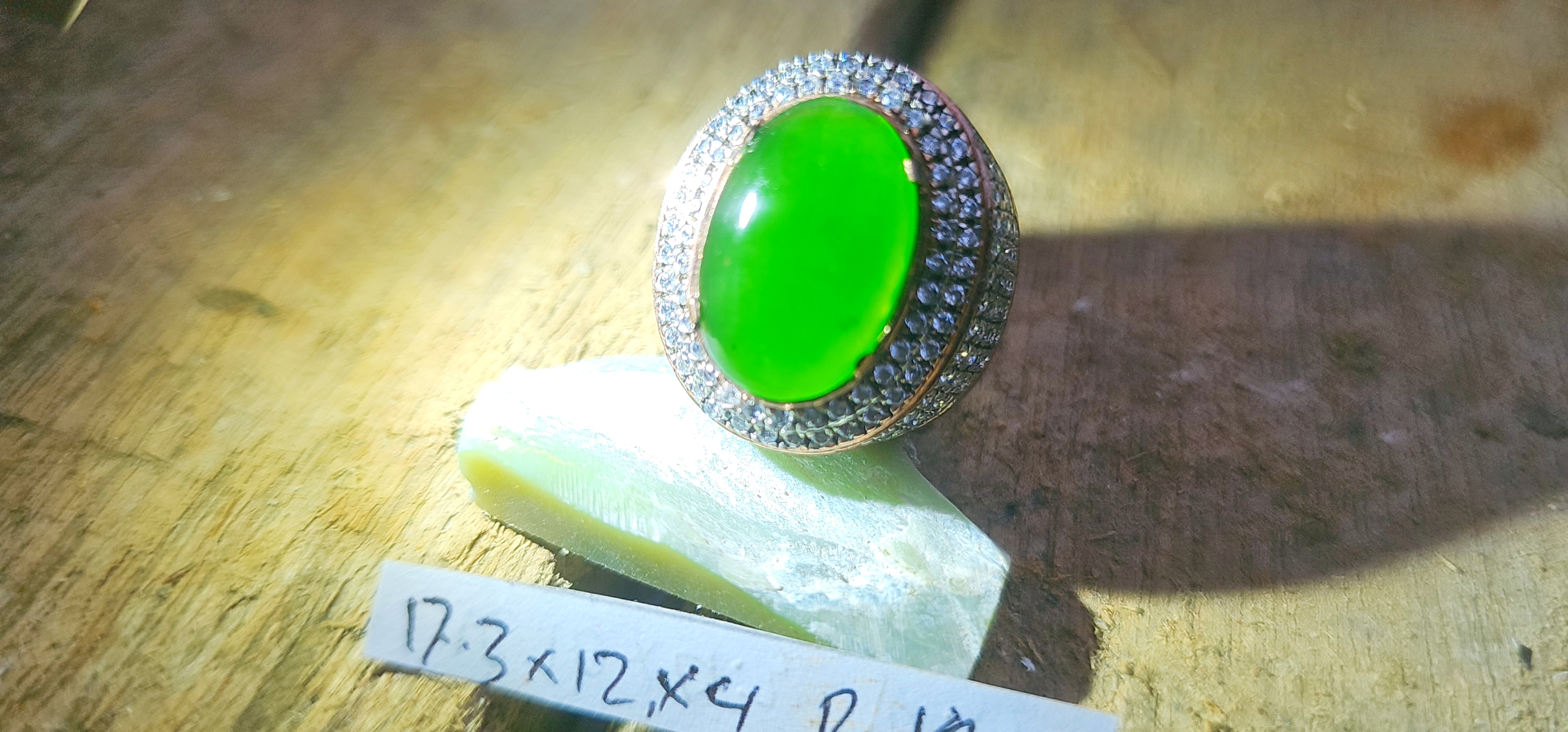 Aceh Natural Deep Forest Green Nephrite Jade Oval Cabochon Ring with Pavé Halo Setting