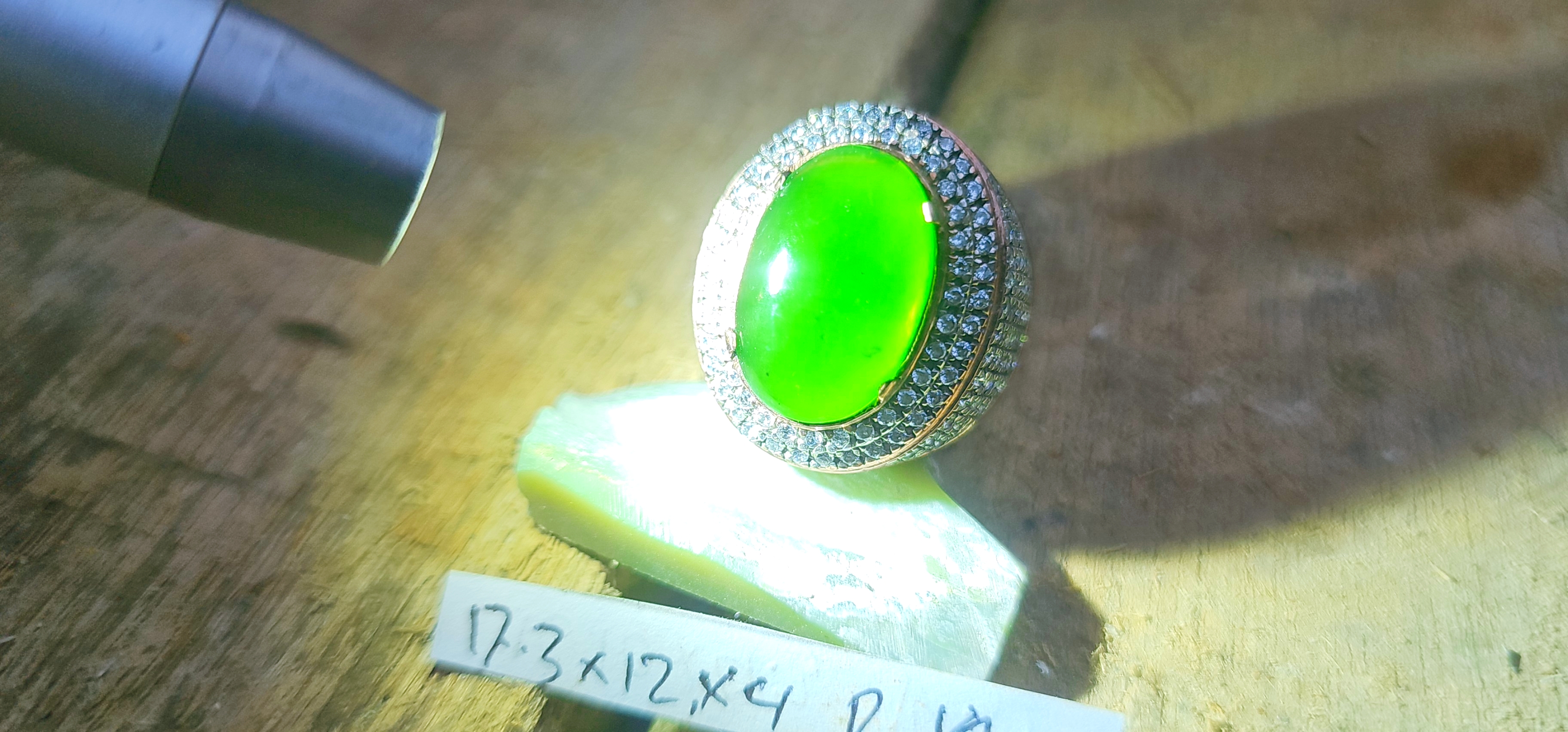 Aceh Natural Deep Forest Green Nephrite Jade Oval Cabochon Ring with Pavé Halo Setting