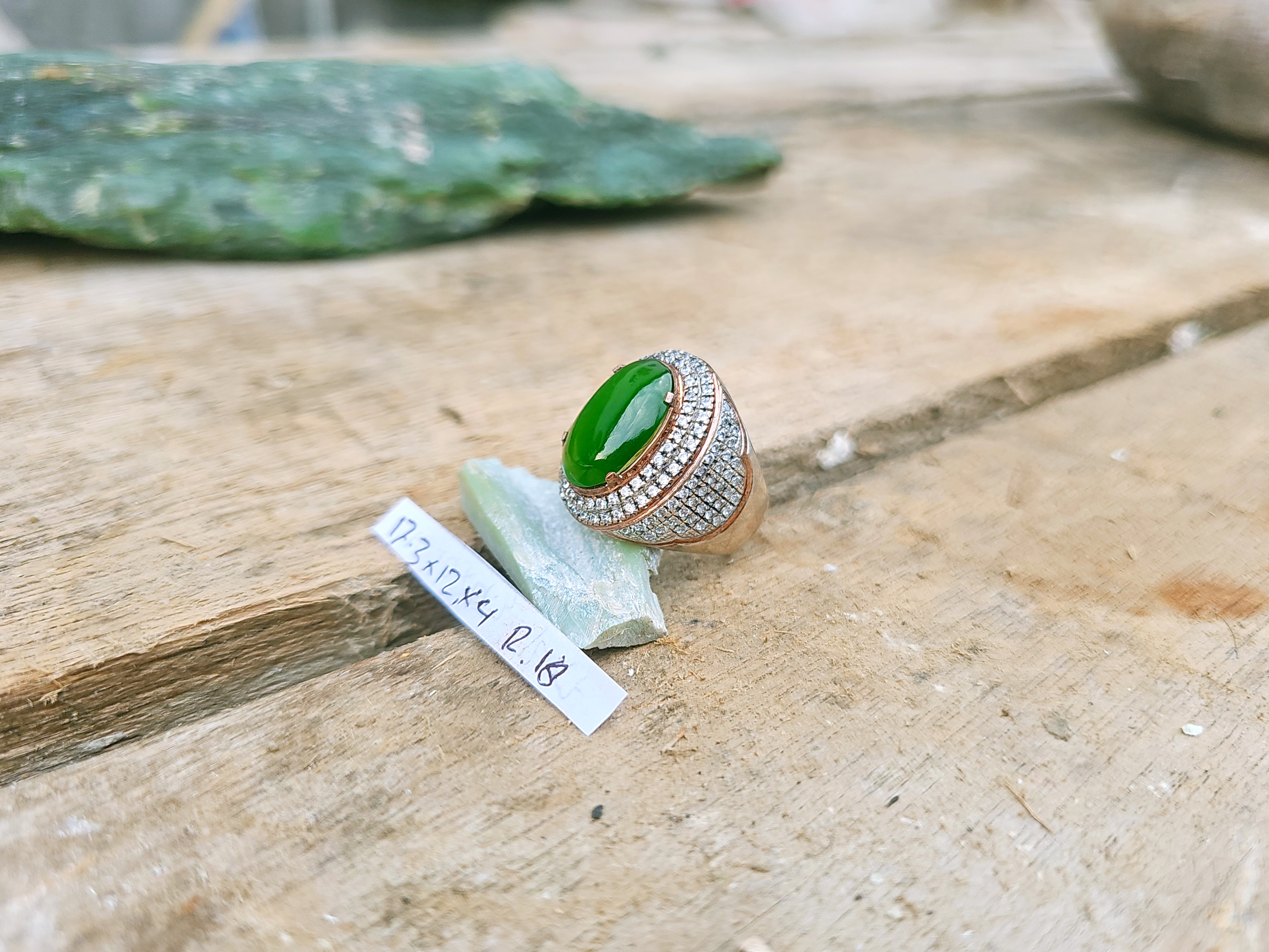 Aceh Natural Deep Forest Green Nephrite Jade Oval Cabochon Ring with Pavé Halo Setting