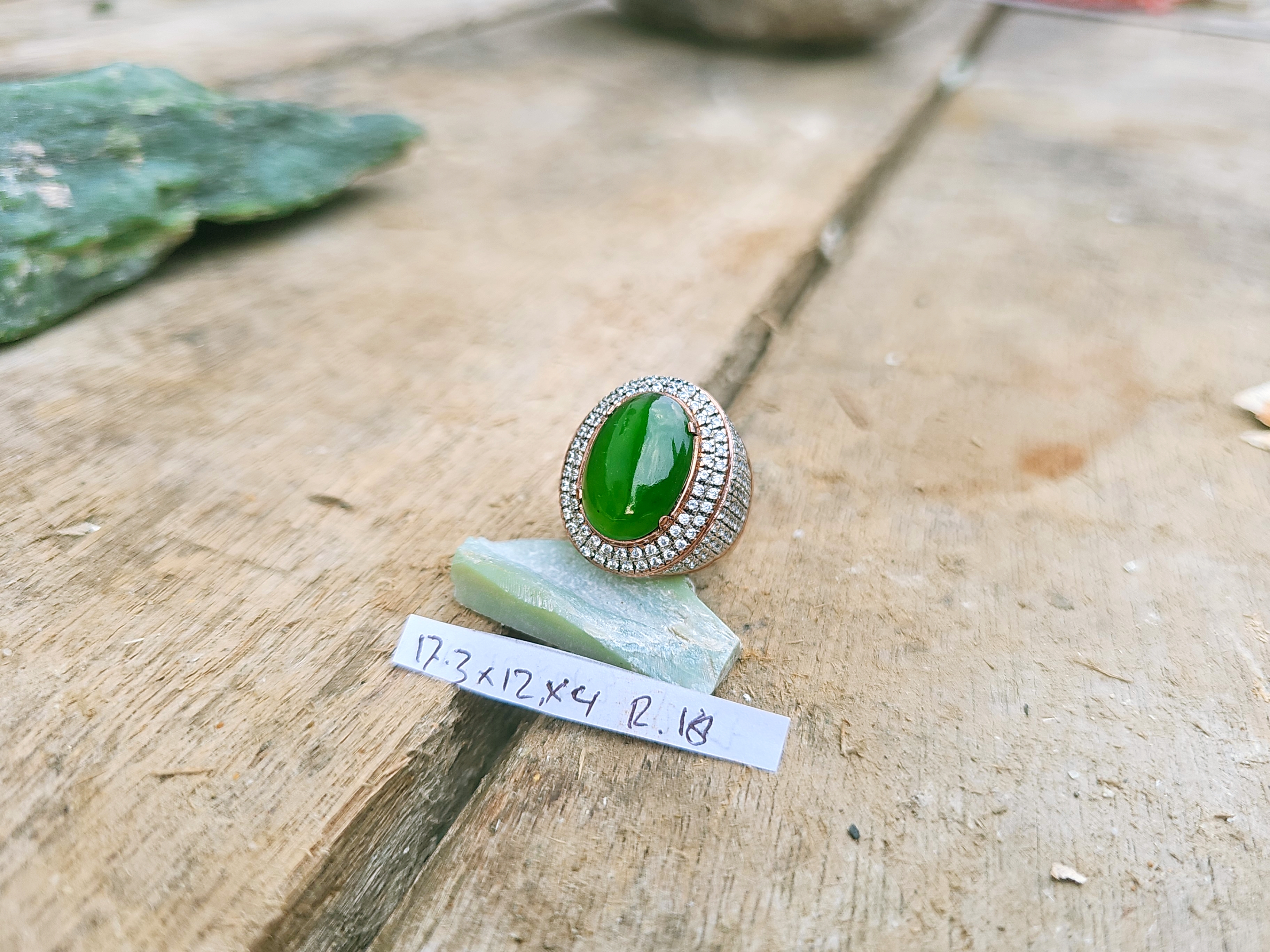 Aceh Natural Deep Forest Green Nephrite Jade Oval Cabochon Ring with Pavé Halo Setting