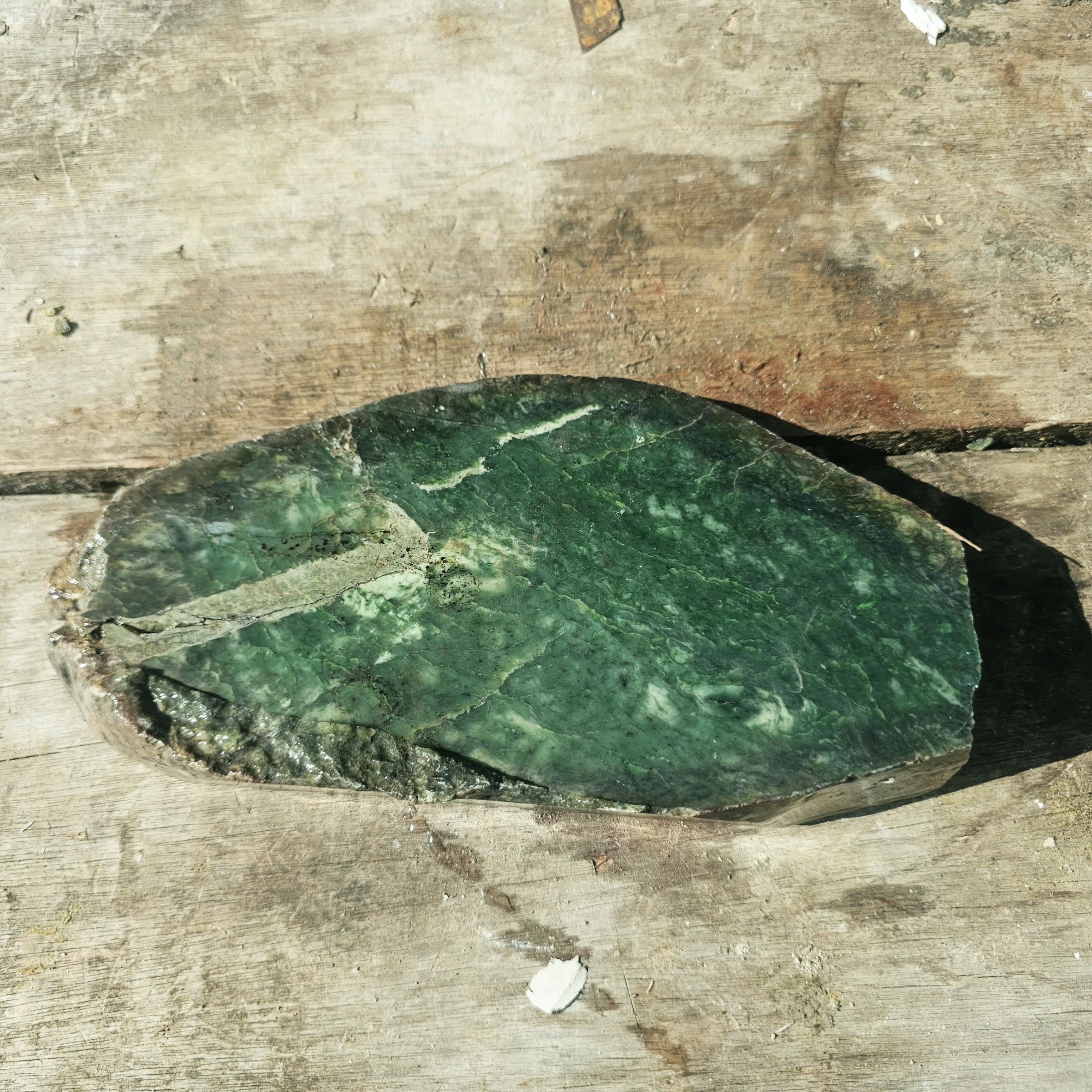 Aceh Natural Deep Forest Green Nephrite Jade Slab with Organic Clouded Veining and Flat Rough Sawn Surface - 2.5 KG