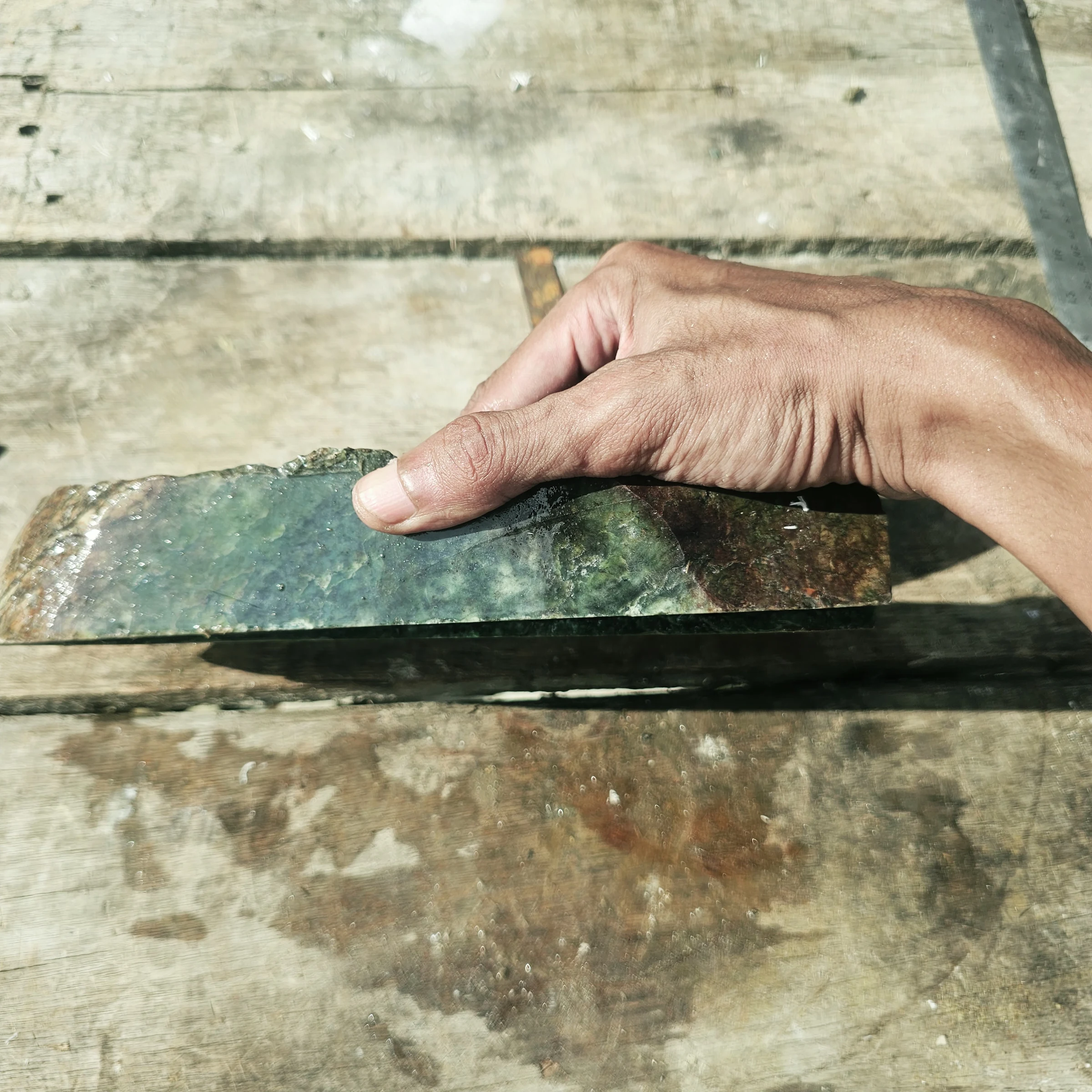 Aceh Natural Deep Forest Green Nephrite Jade Slab with Organic Clouded Veining and Flat Rough Sawn Surface - 2.5 KG