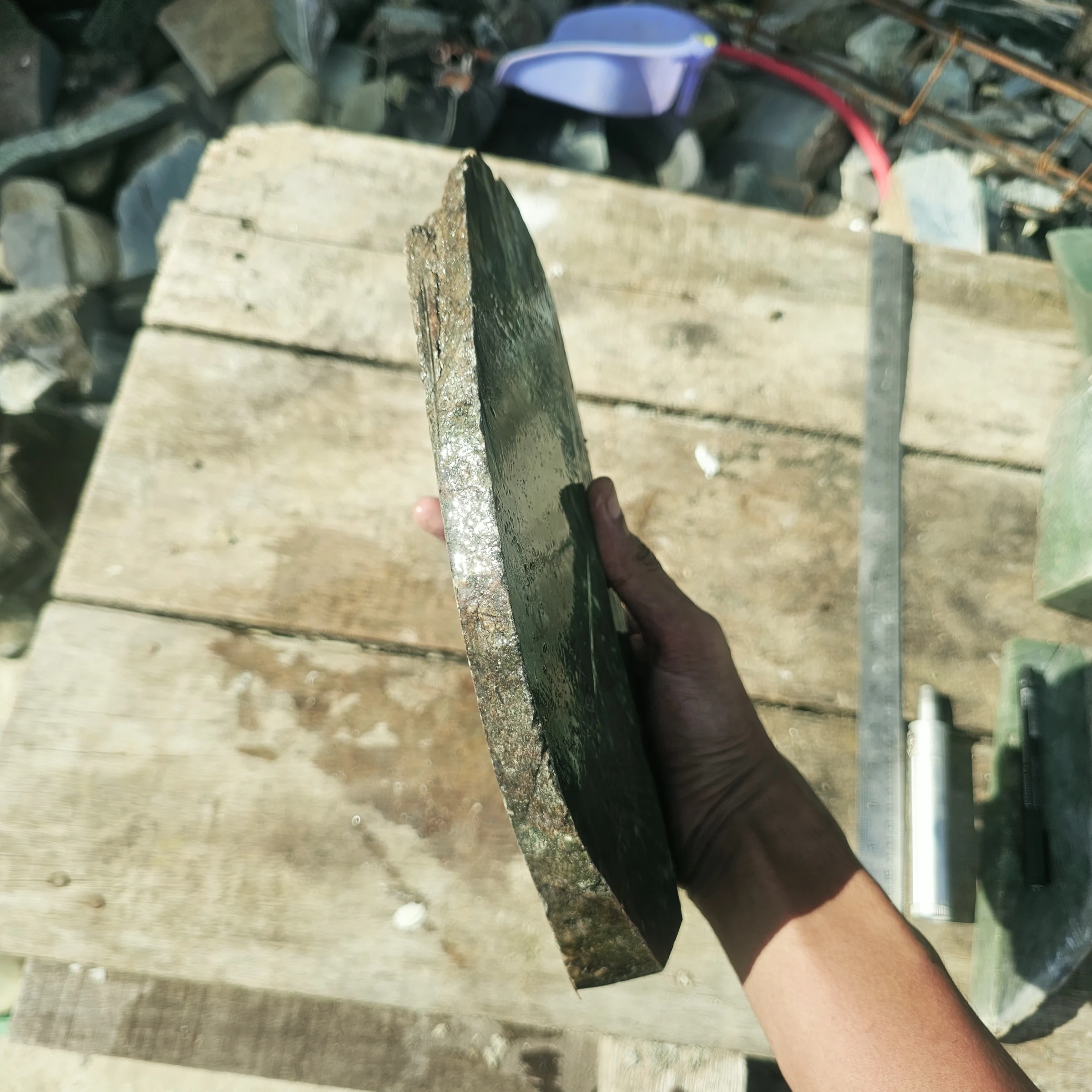 Aceh Natural Deep Forest Green Nephrite Jade Slab with Organic Clouded Veining and Flat Rough Sawn Surface - 2.5 KG