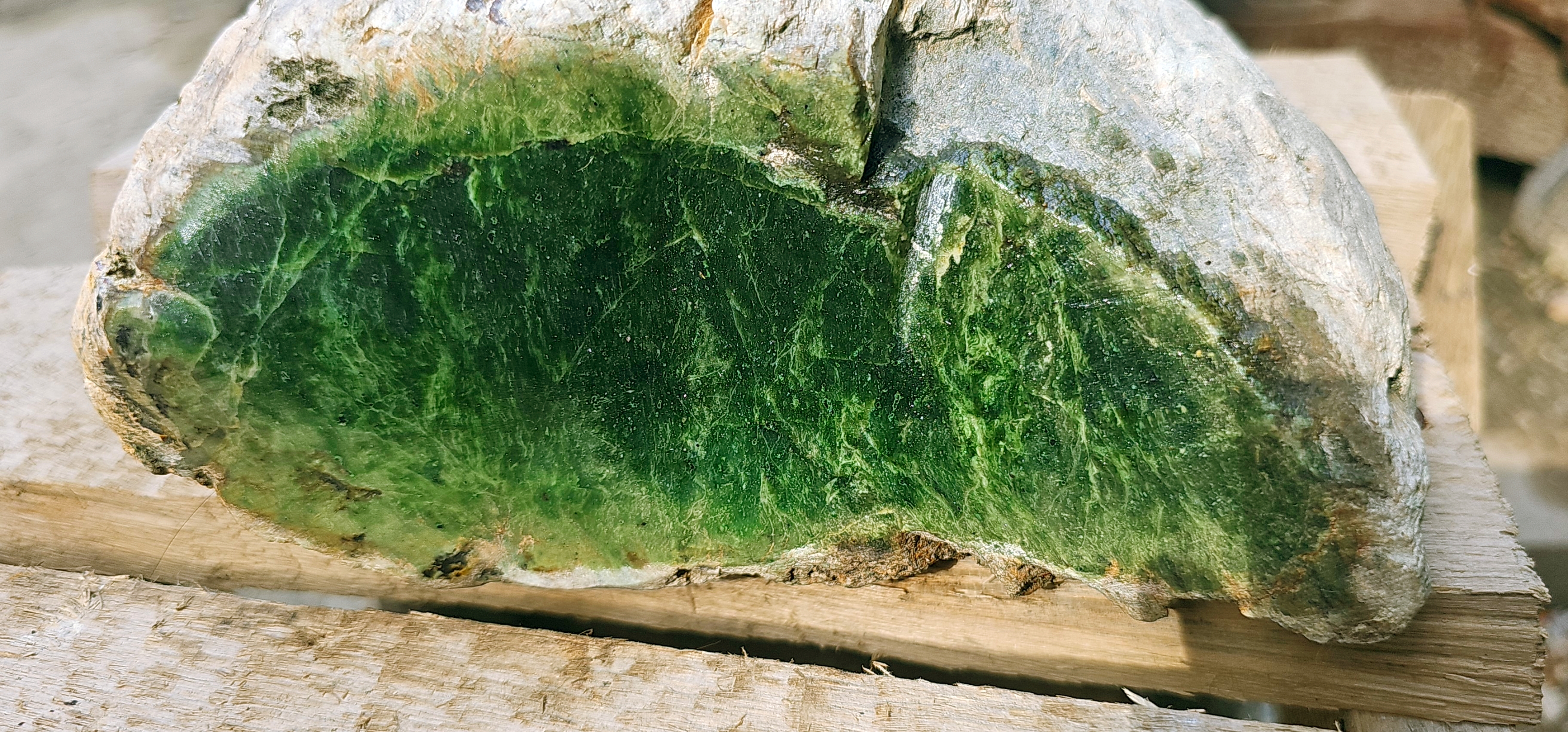 Aceh Natural Deep Forest Green Nephrite Jade Slab with Textured Rough Exterior and Vibrant Exposed Face Rough Stone – 4.5 KG