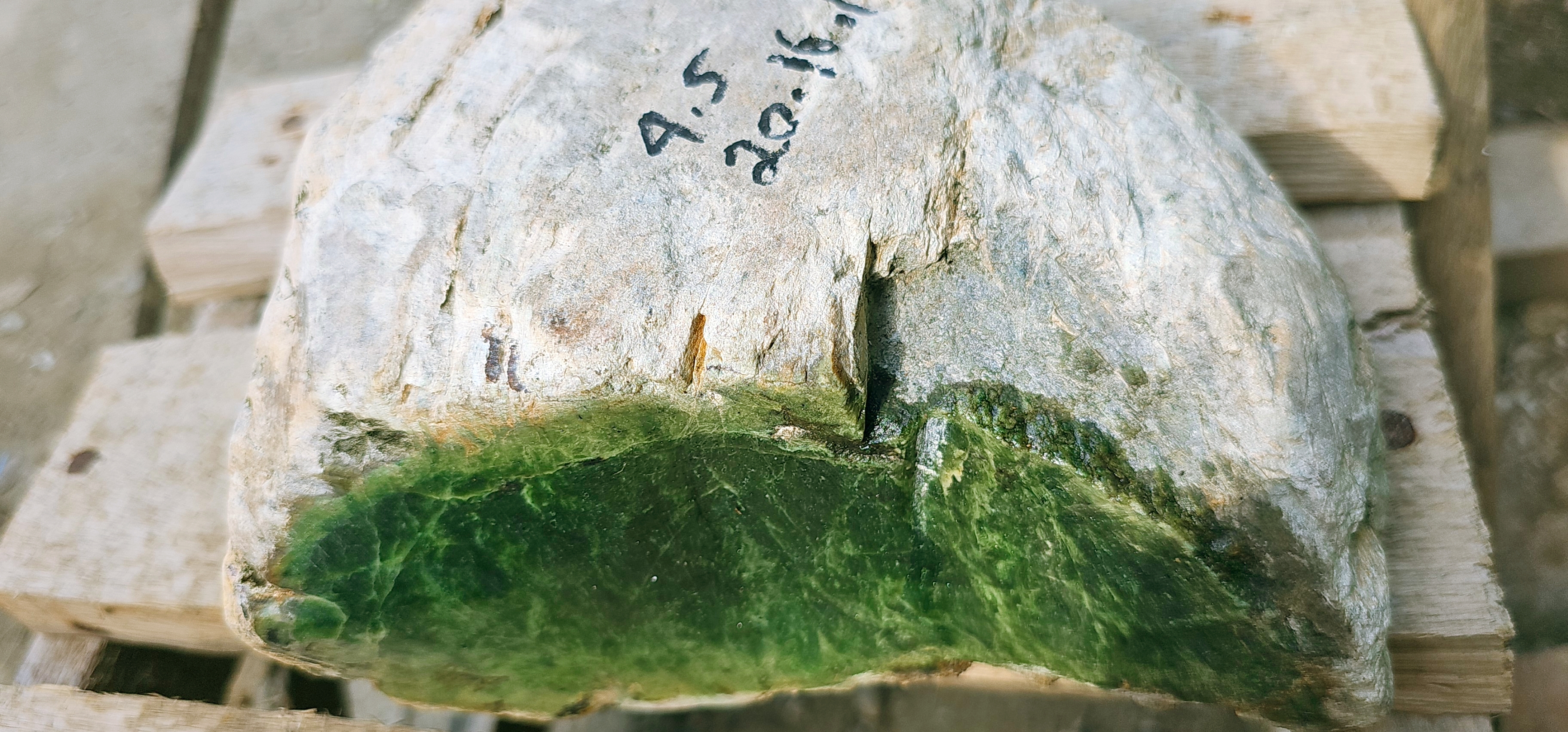 Aceh Natural Deep Forest Green Nephrite Jade Slab with Textured Rough Exterior and Vibrant Exposed Face Rough Stone – 4.5 KG
