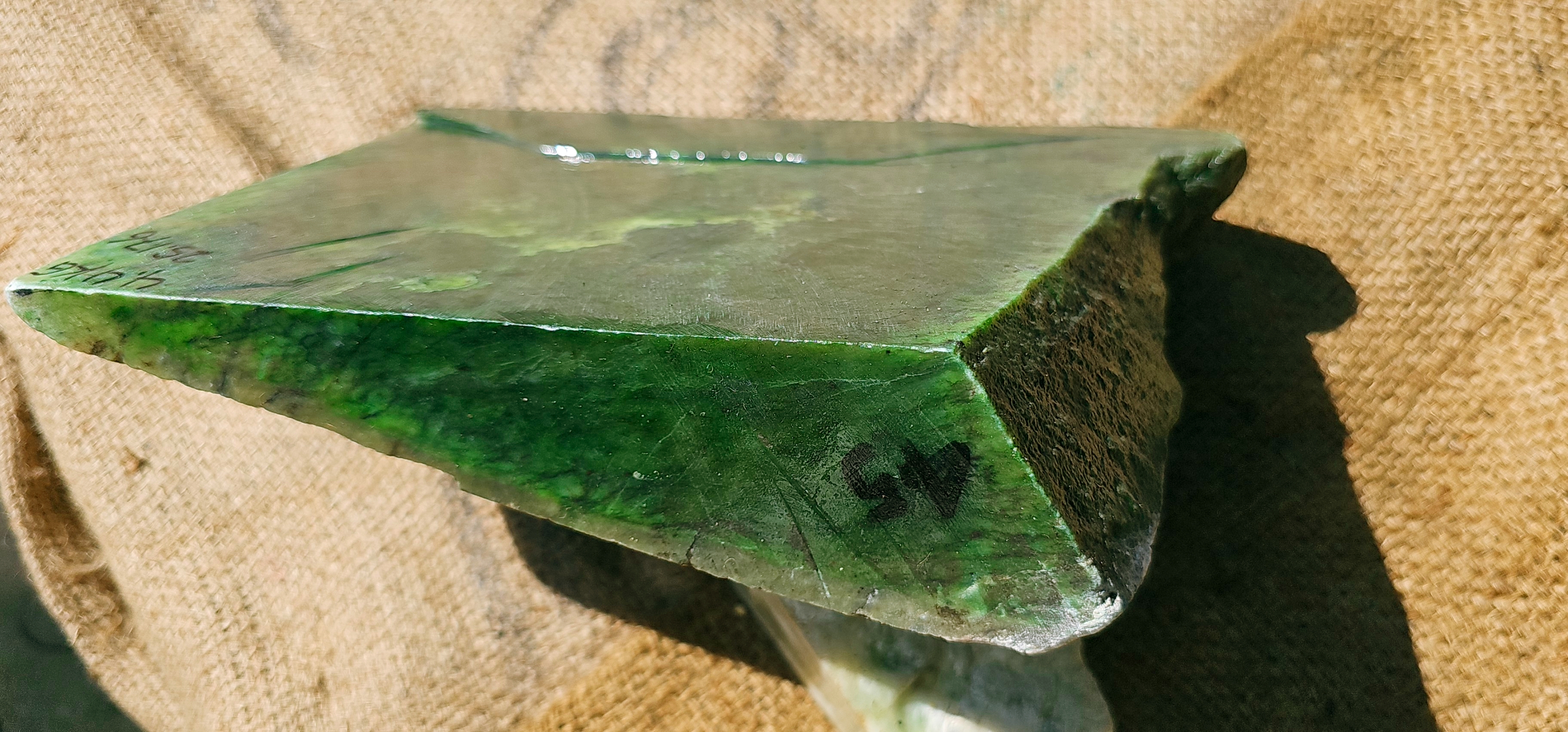 Aceh Natural Deep Forest Green Nephrite Jade Slab with Organic Clouded Veining and Textured Rough Edge — 4.4 KG