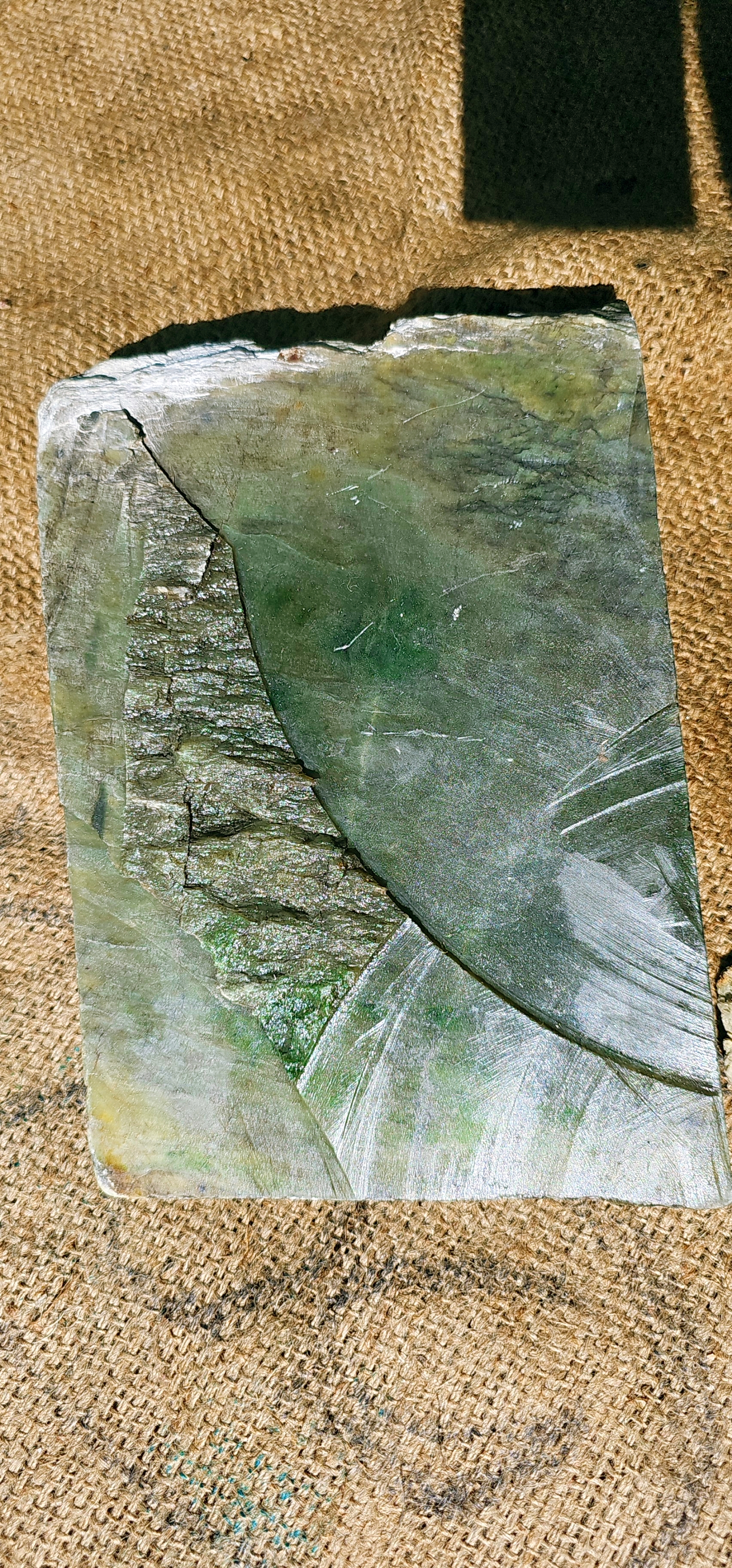 Aceh Natural Deep Forest Green Nephrite Jade Slab with Organic Clouded Veining and Textured Rough Edge — 4.4 KG