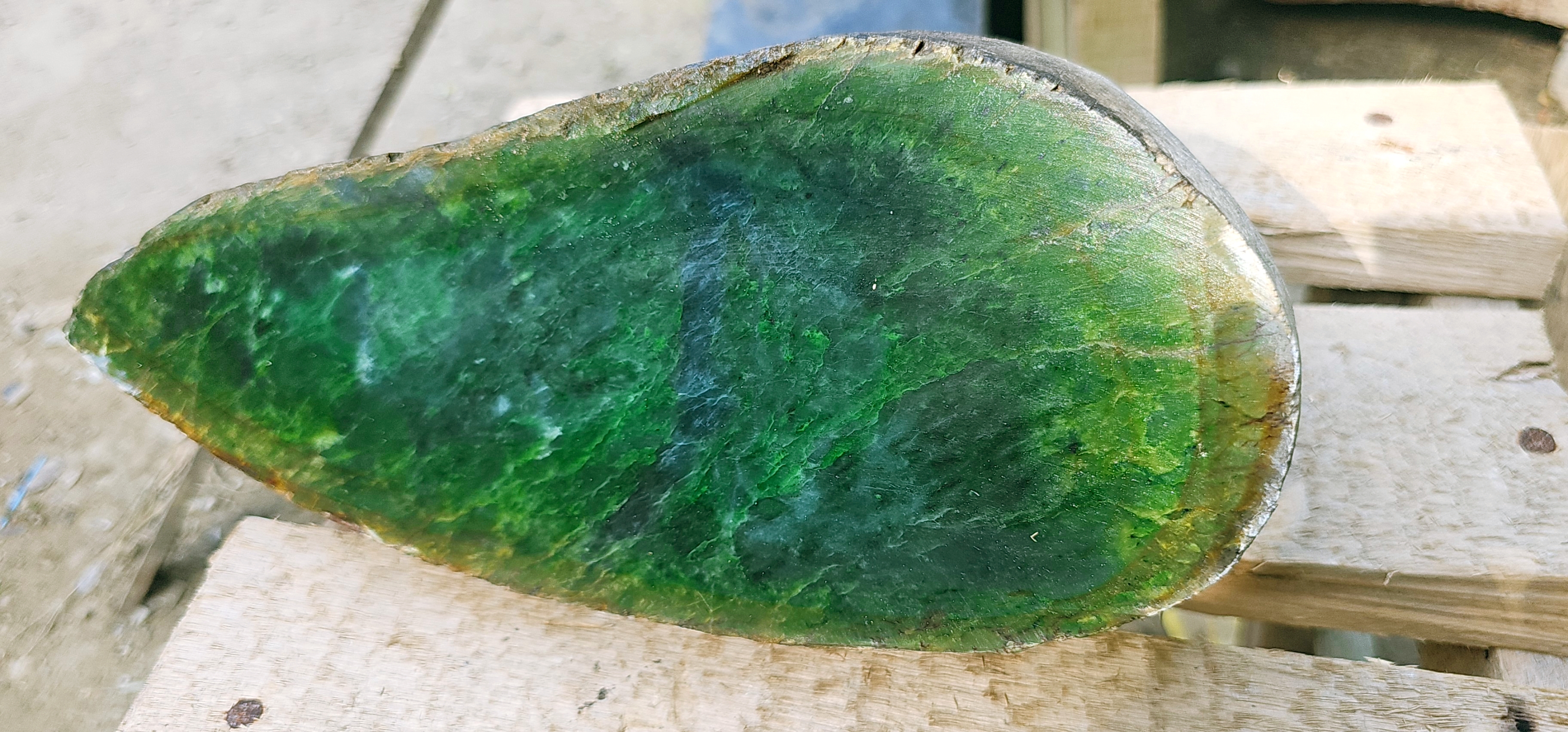 Aceh Natural Deep Forest Green and Moss Green Nephrite Jade Slab with Dynamic Organic Veining and Textured Rough Contour Surface – 6.7 KG