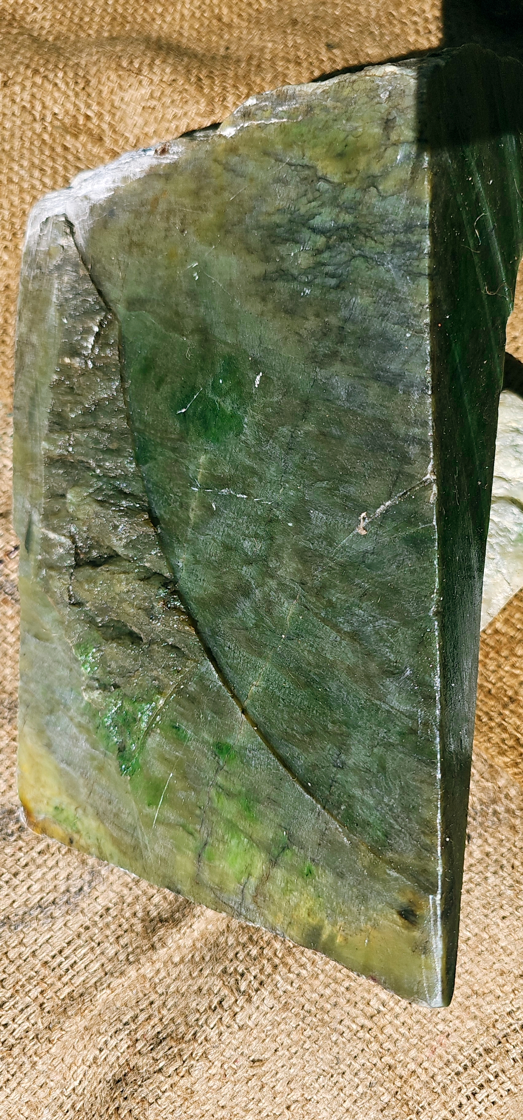 Aceh Natural Deep Forest Green Nephrite Jade Slab with Organic Clouded Veining and Textured Rough Edge — 4.4 KG