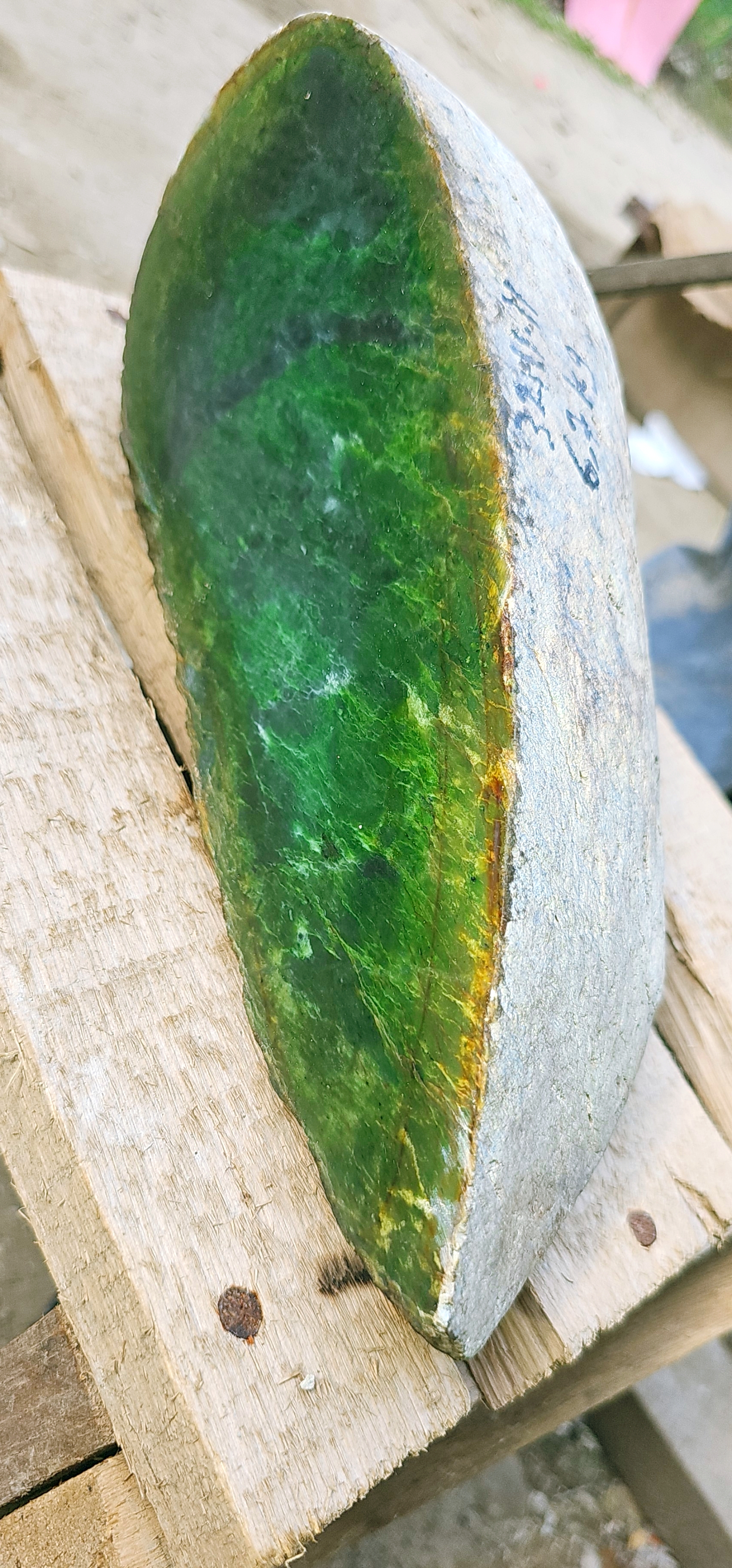 Aceh Natural Deep Forest Green and Moss Green Nephrite Jade Slab with Dynamic Organic Veining and Textured Rough Contour Surface – 6.7 KG