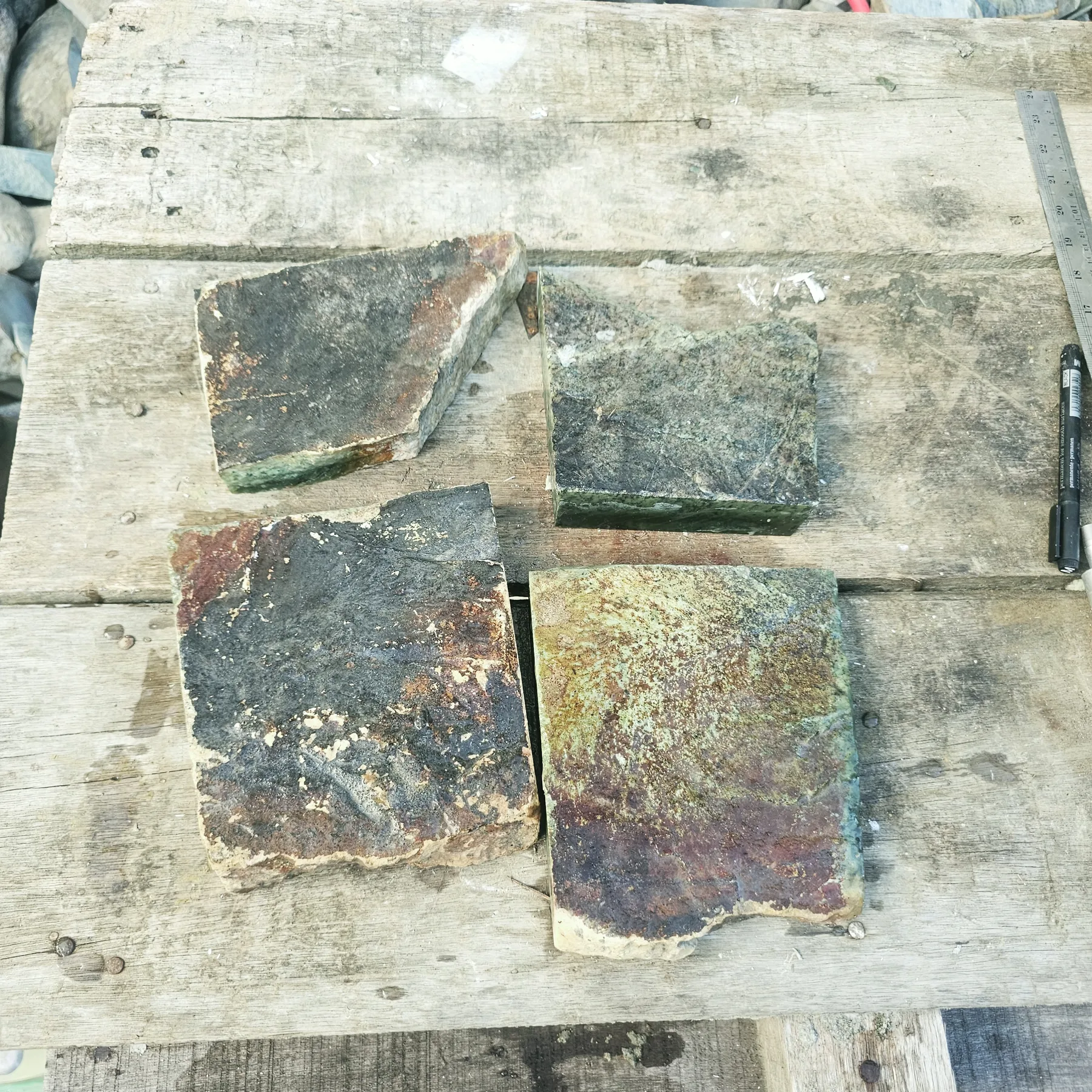 4PCS Aceh Natural Deep Forest Green and Blackjade Slabs Lot with Organic Mottled Patterns Rough Stone – 7.6 KG