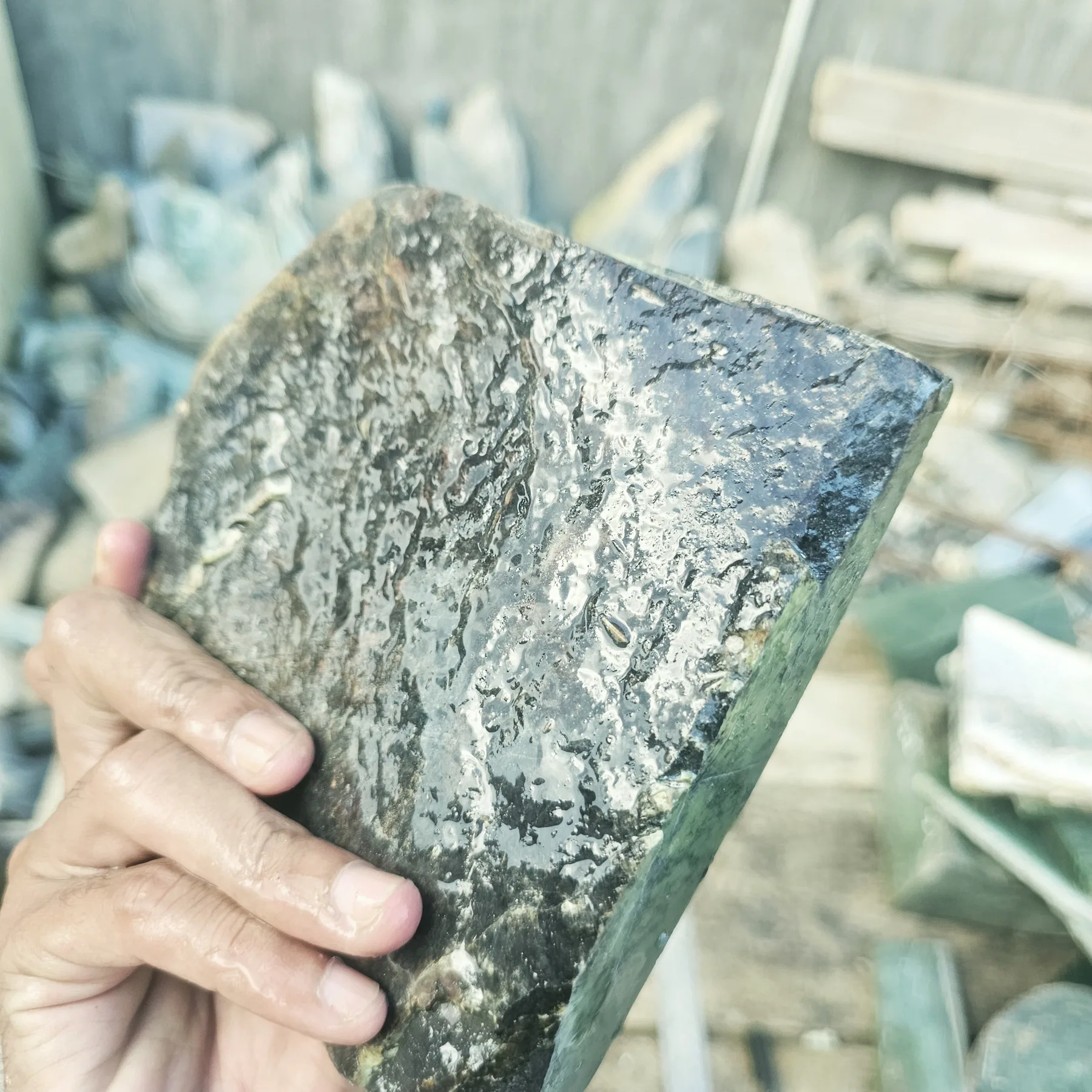 Aceh Natural Deep Green Nephrite Jade with Dark Mineral Branching Patterns Rough Slab Stone – 1.5 KG