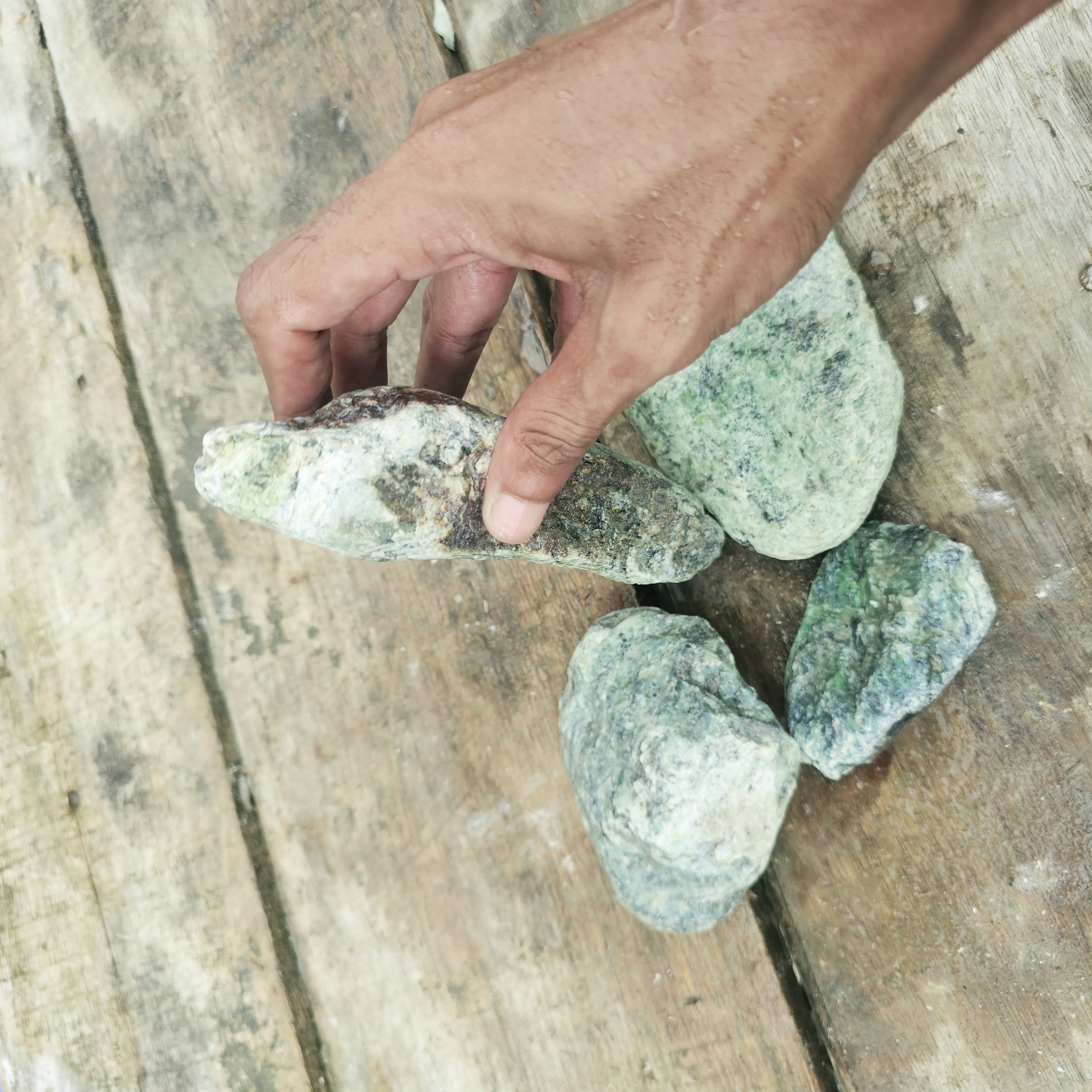 4PCS Aceh Natural Moss Green and Charcoal-Veined Ice Jade Multi-Piece Rough Stone Lot – 2 KG