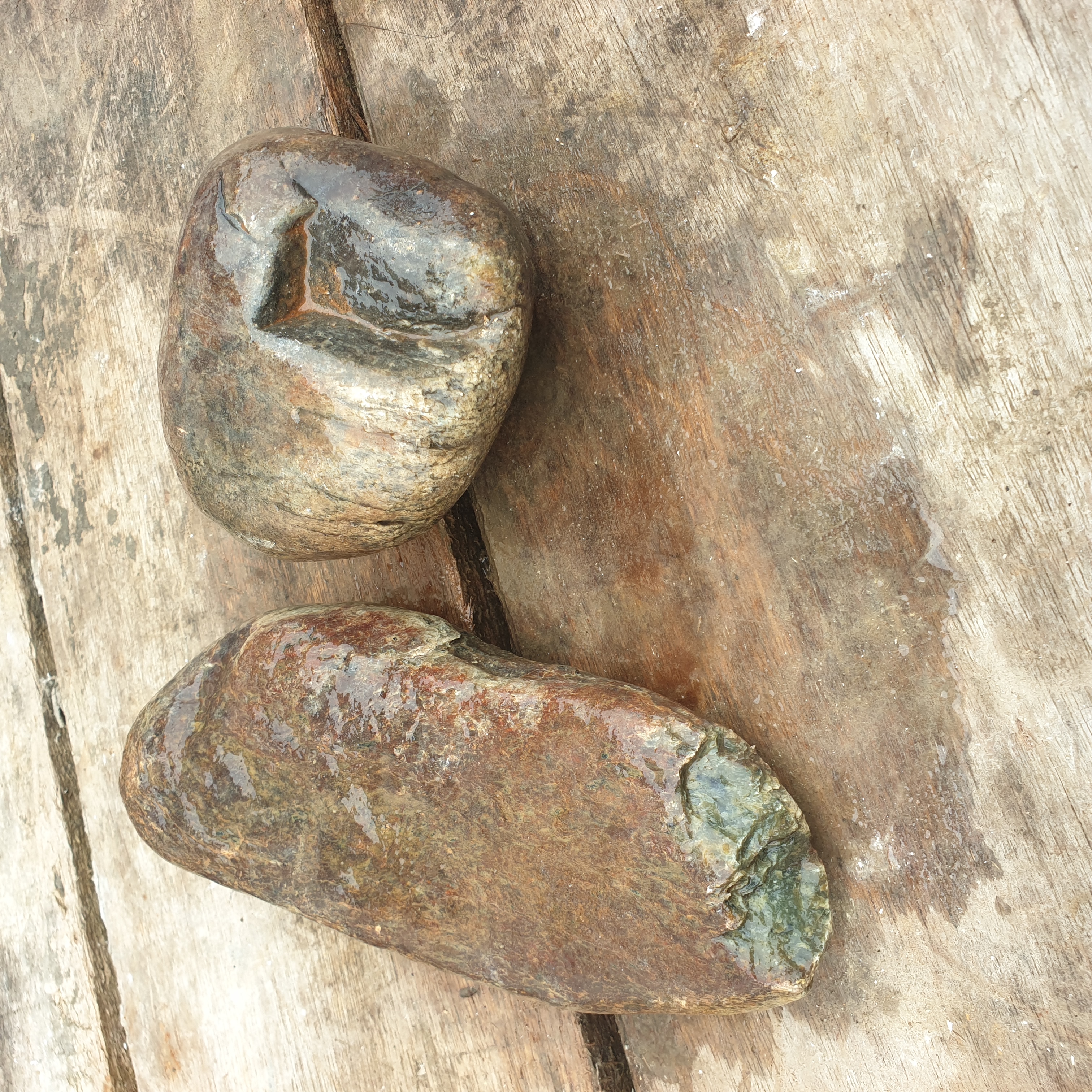 Aceh Natural Deep Green and Brownish Nephrite Jade Slabs Lot of Two Rough Stones with Organic Weathered Contours – 2.2 KG