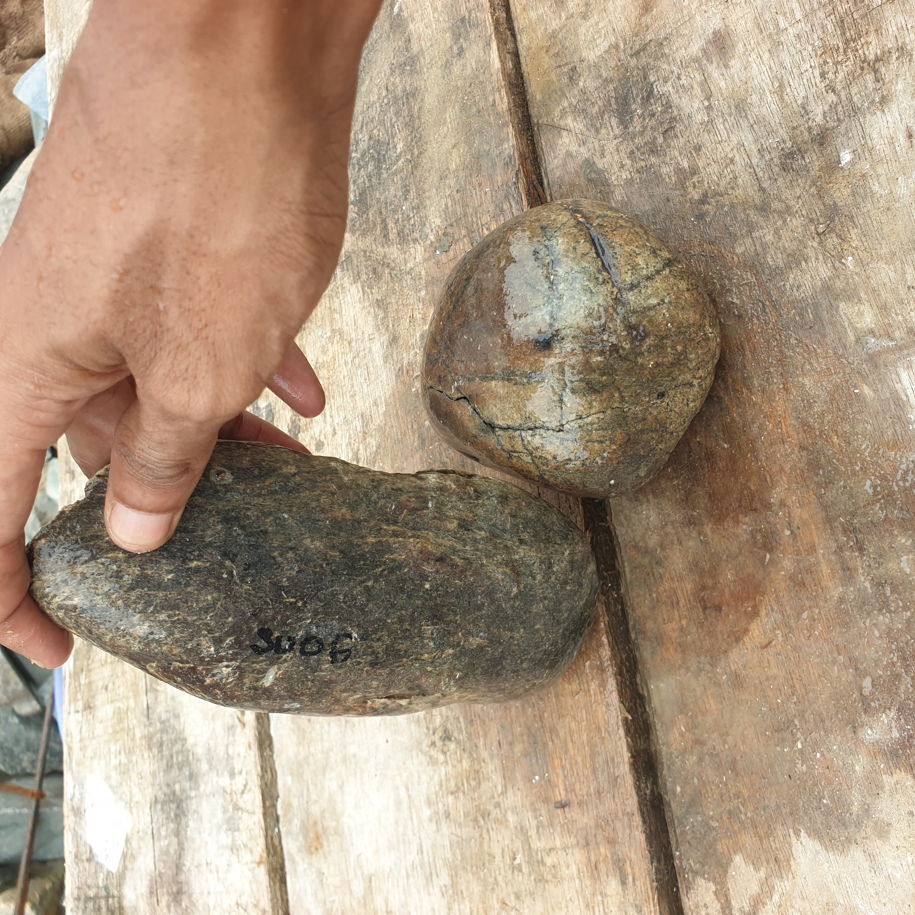 Aceh Natural Deep Green and Brownish Nephrite Jade Slabs Lot of Two Rough Stones with Organic Weathered Contours – 2.2 KG