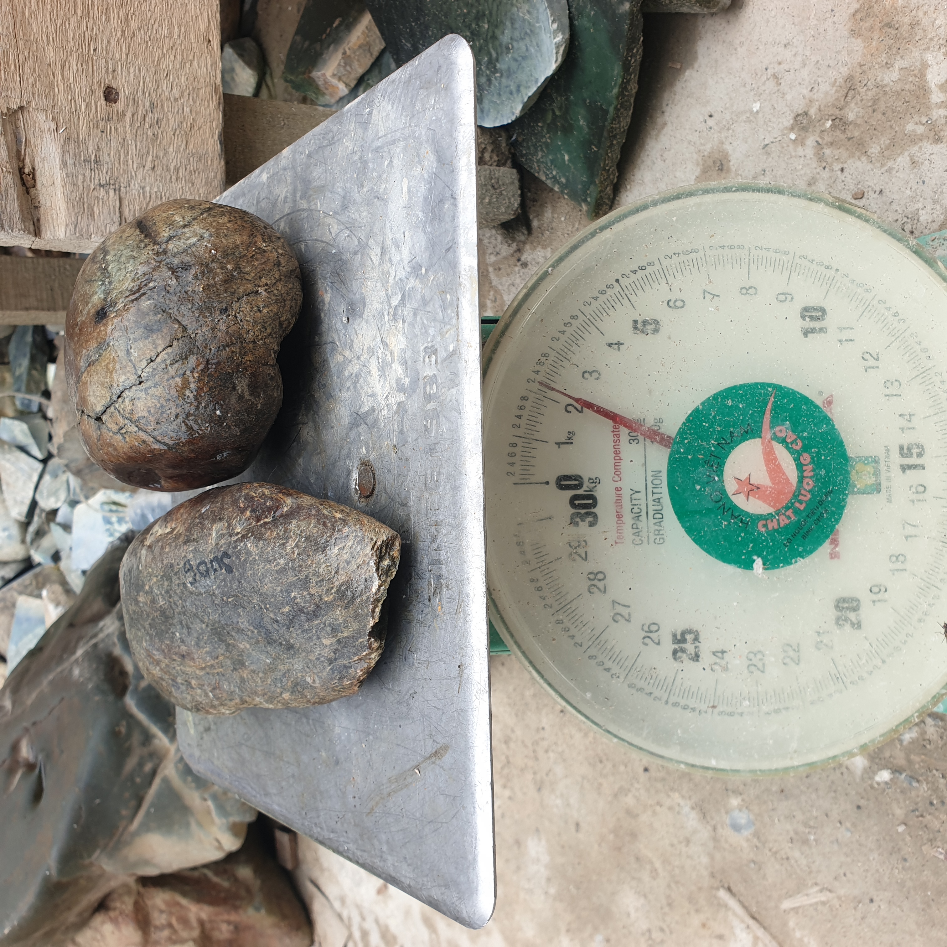 Aceh Natural Deep Green and Brownish Nephrite Jade Slabs Lot of Two Rough Stones with Organic Weathered Contours – 2.2 KG
