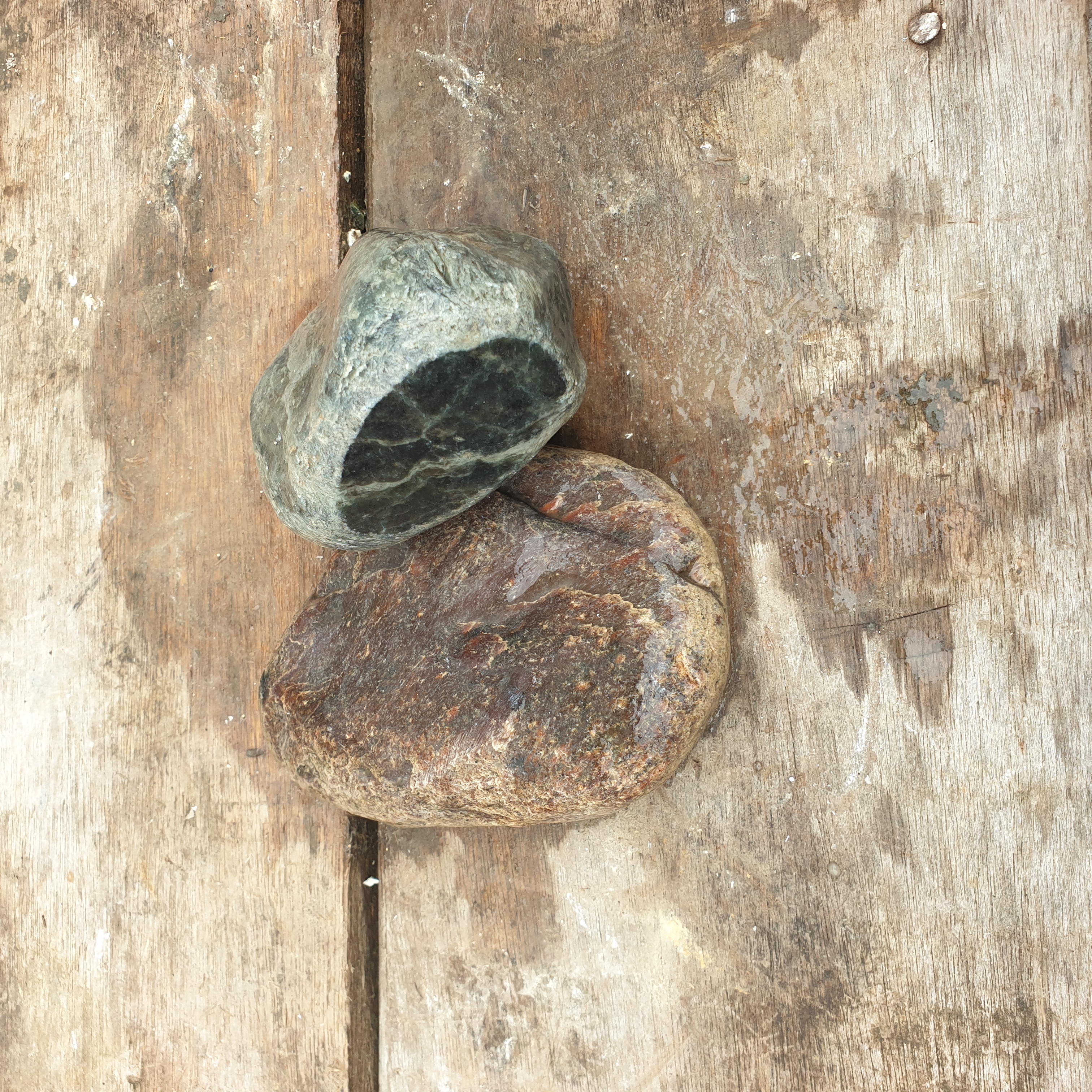 Aceh Natural Deep Blackjade and Brown-Green Nephrite Jade Two-Piece Rough Stone Lot – 1.7 KG